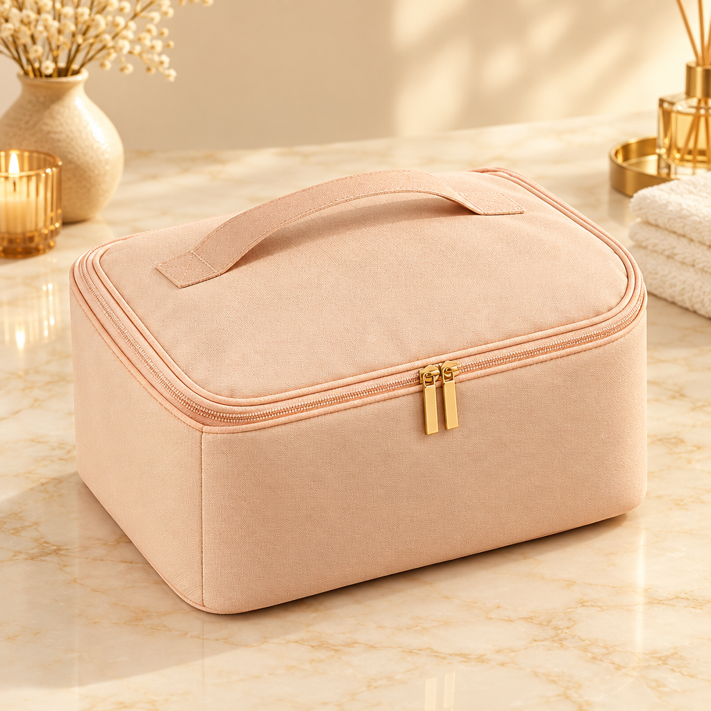 Clean studio image of the travel cosmetic bag