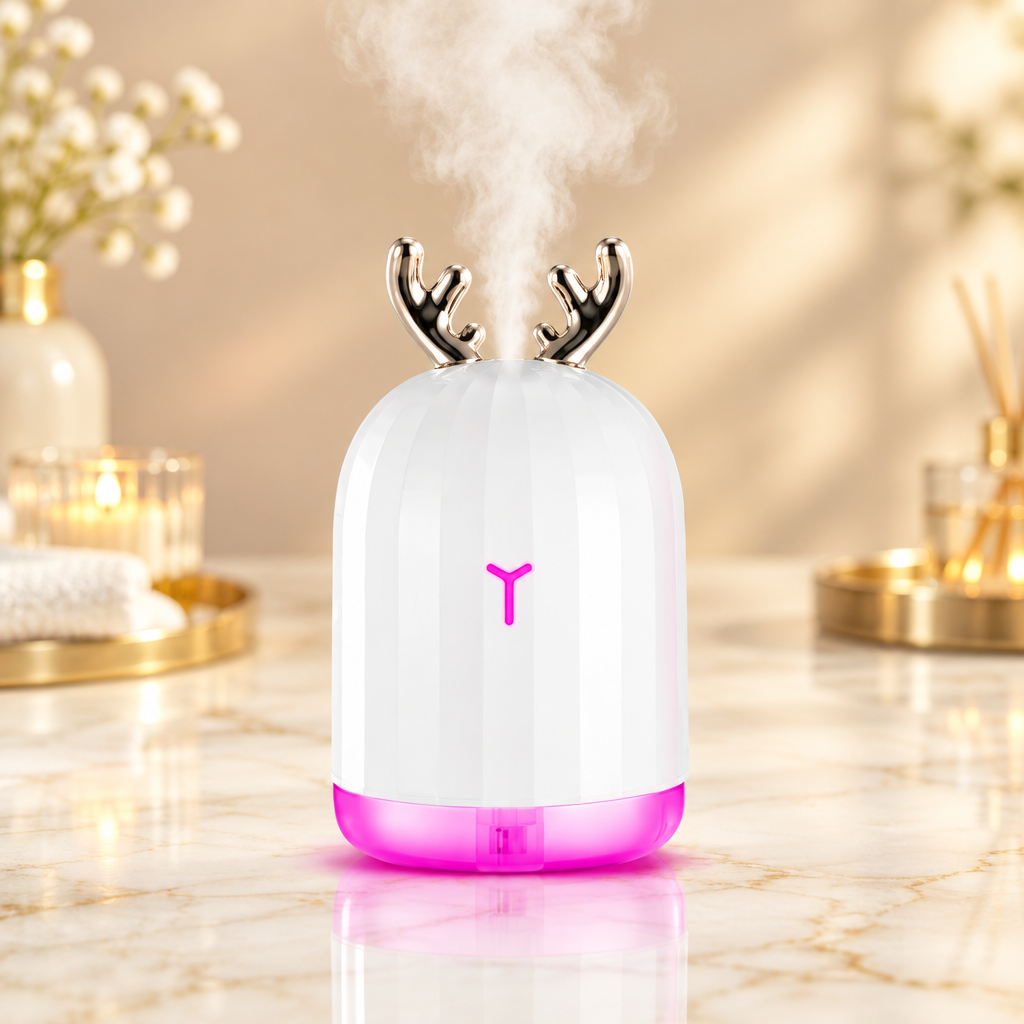 220ml Cool Mist Humidifier with 7-Color Breathing Lights — Ultrasonic Air Diffuser | Auto Shut-Off | Pink Rabbit & White Deer