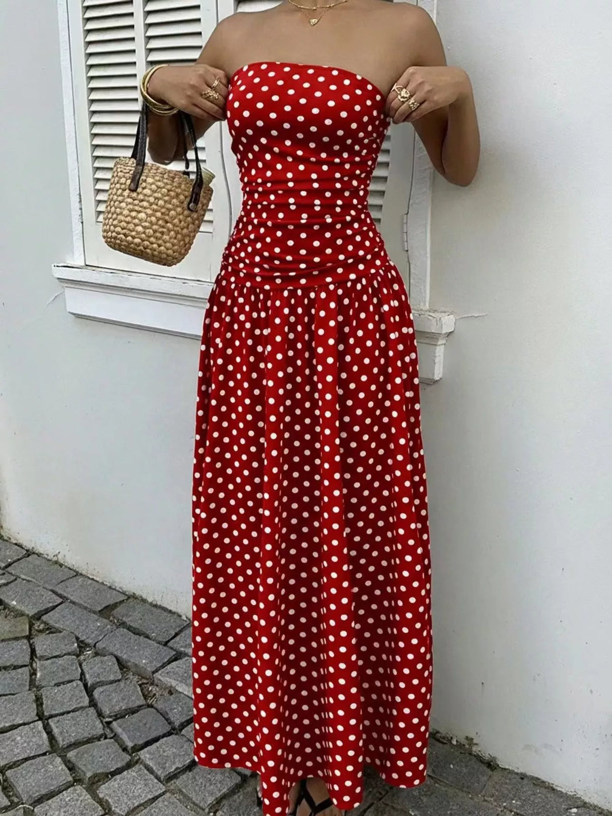 Strapless Polka-Dot Ruched Maxi Dress, S–2XL