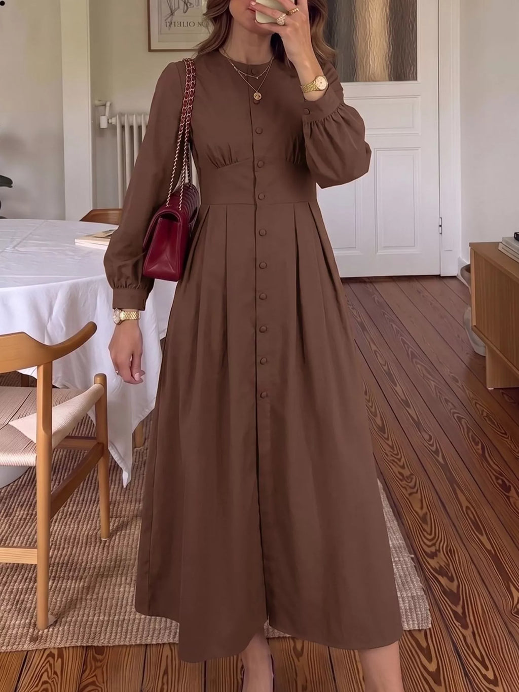 Coffee Brown Round-Neck Button-Front Long-Sleeve Midi Dress