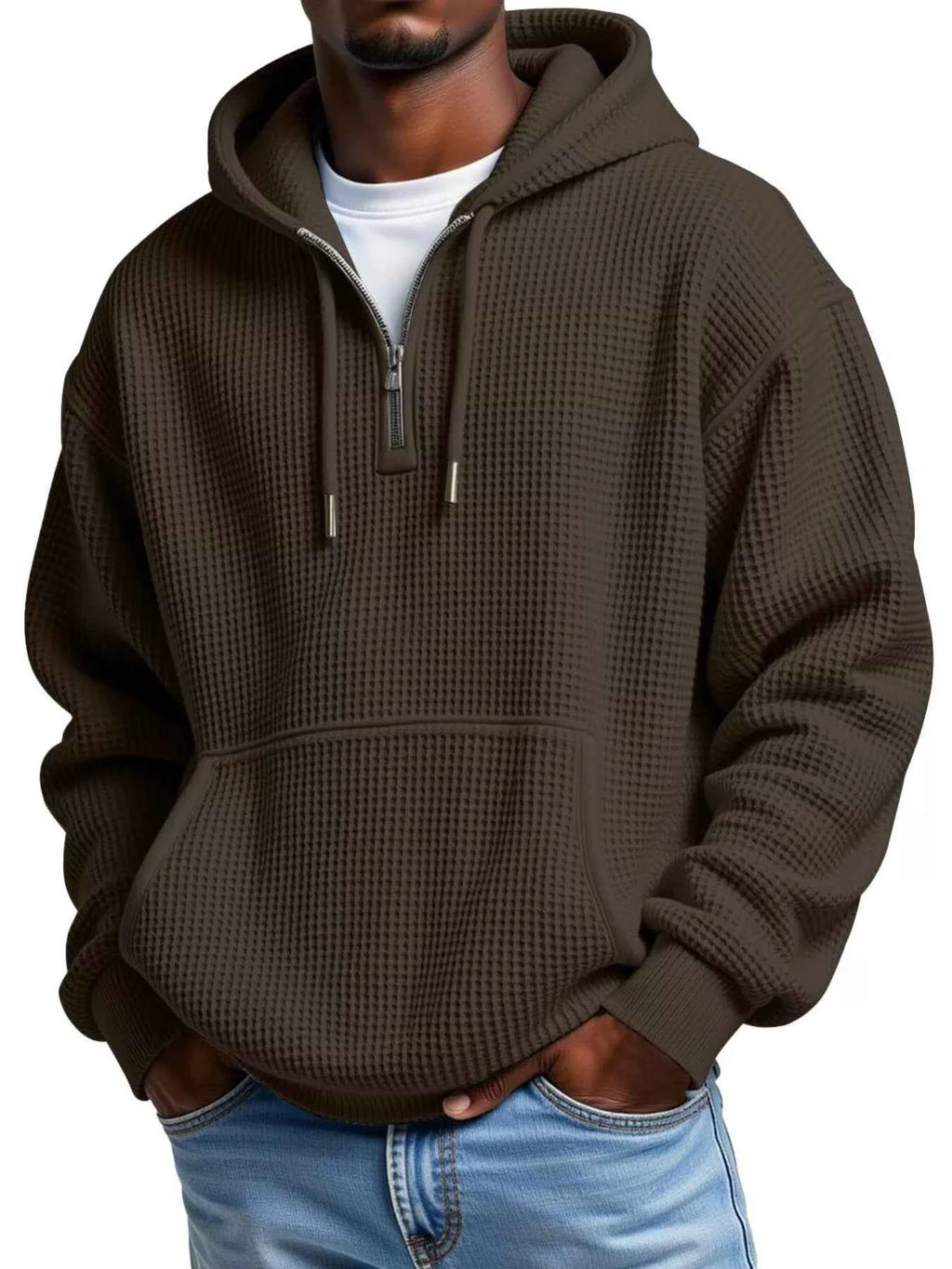 Men's Full Size Textured Waffle Knit Half-Zip Hoodie Plus Size