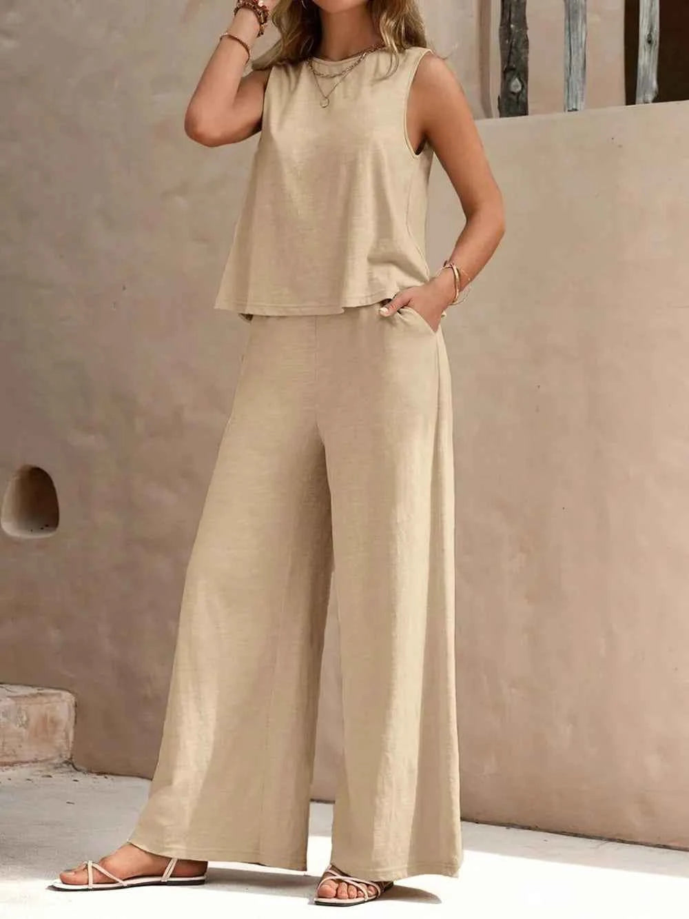 Sleeveless Round-Neck Top & Wide-Leg Pants Set