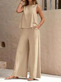 Sleeveless Round-Neck Top & Wide-Leg Pants Set