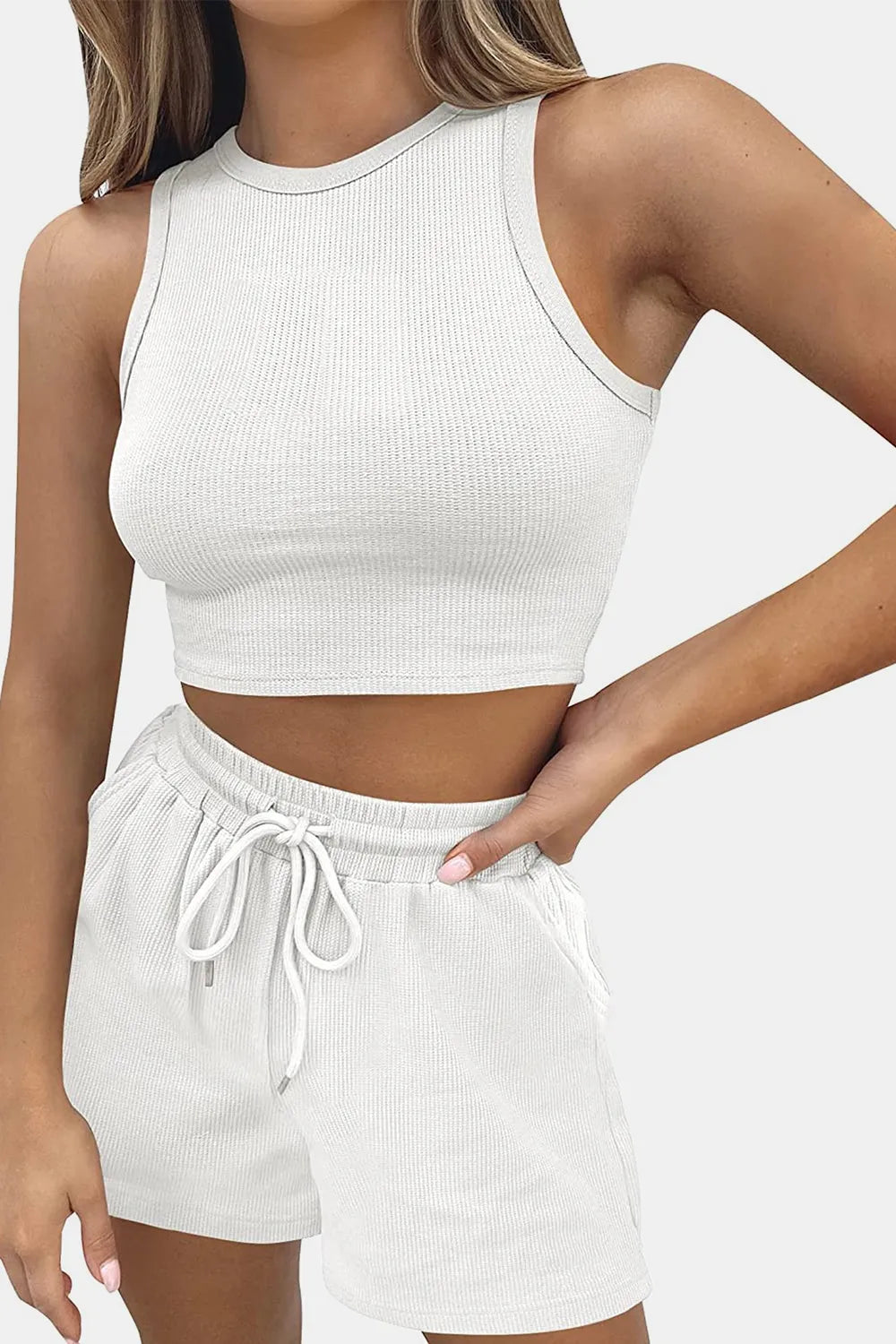 Round-Neck Crop Top & Drawstring Shorts Set