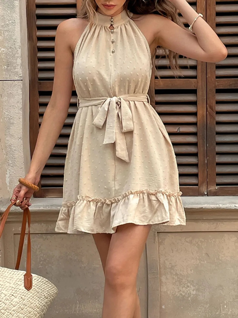 Perfee Swiss Dot Tie-Waist Ruffle Mini Dress