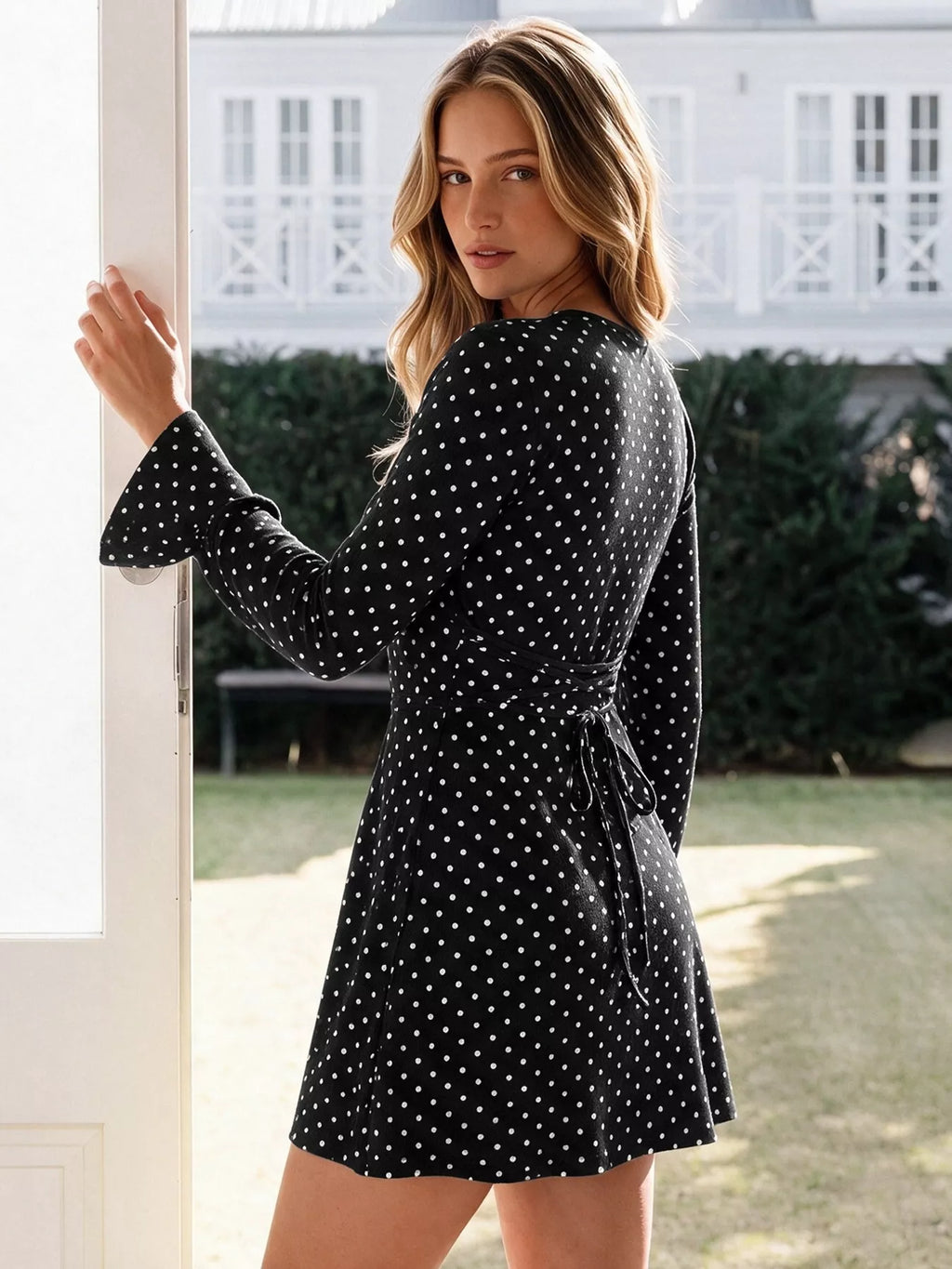 Black Polka-Dot V-Neck Tie-Back Mini Dress
