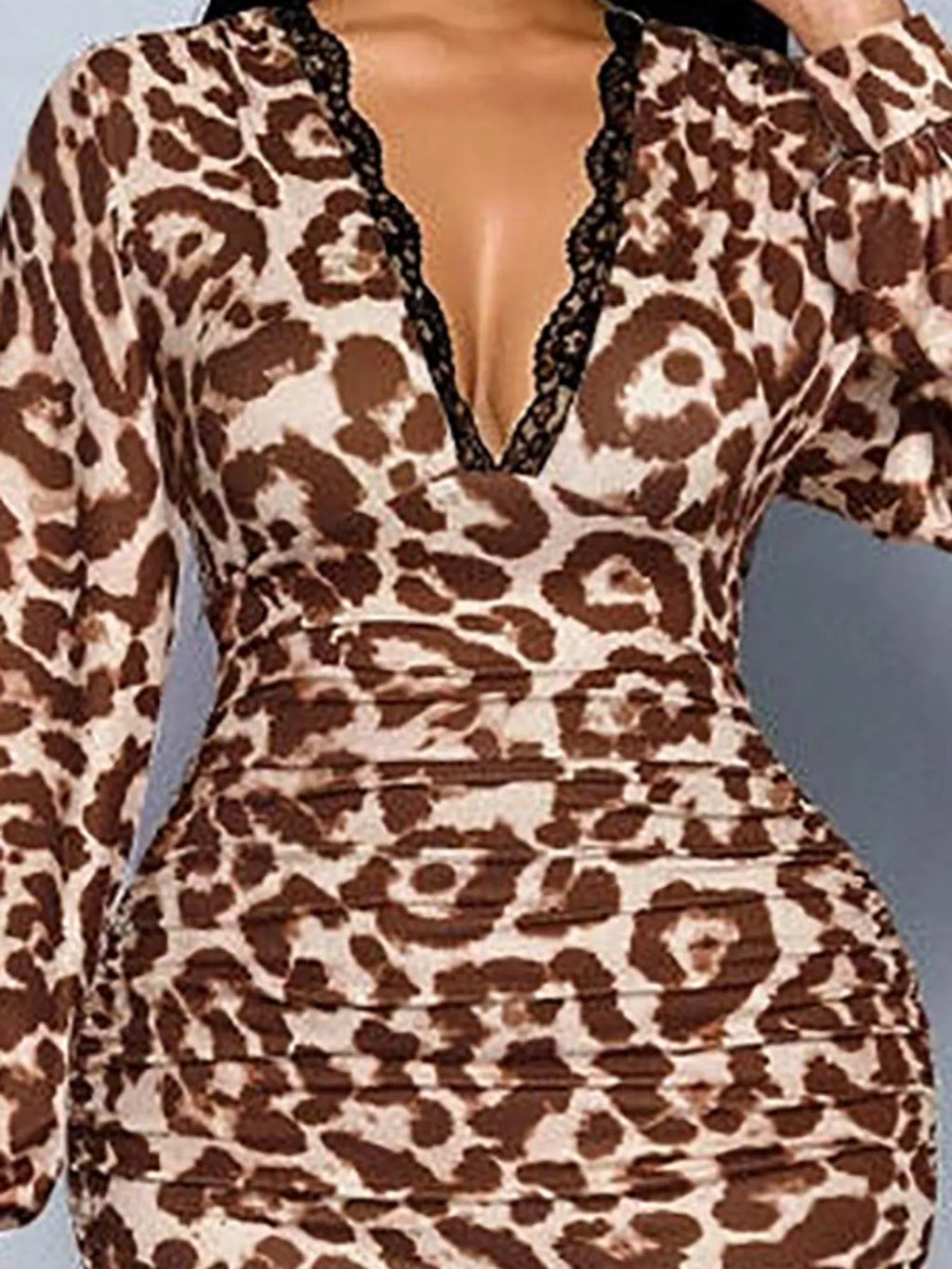 Lace-Trim V-Neck Long-Sleeve Ruched Midi Dress