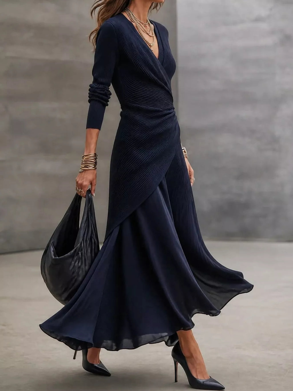 Navy Surplice Long-Sleeve Ruched Midi Dress