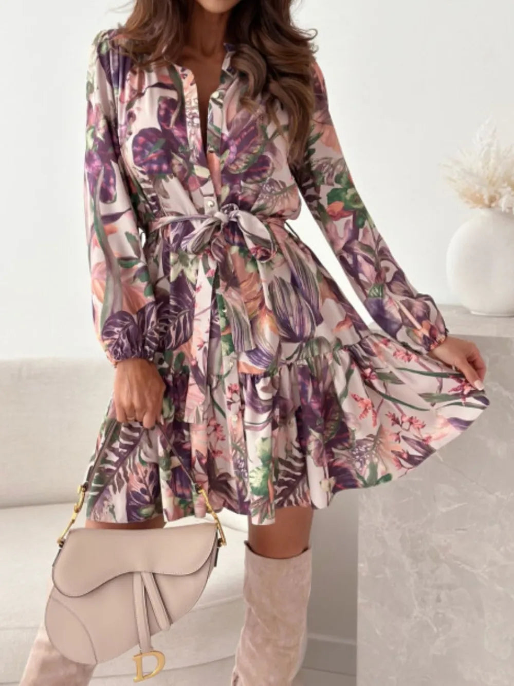 Floral Long-Sleeve Tie-Waist Ruffle-Hem Mini Dress