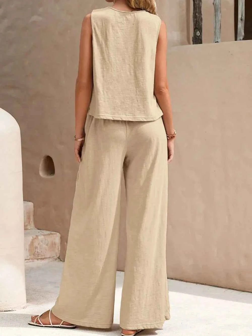Sleeveless Round-Neck Top & Wide-Leg Pants Set