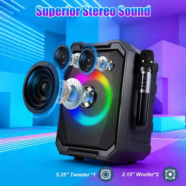 Portable Wireless Party Speaker | LED Light Show | 2 Wireless Mics | 80W Bass | Remote Control | TWS — Eliza & Tuan
