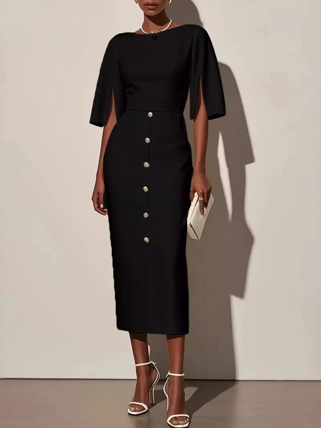 Slit-Sleeve Decorative-Button Midi Dress