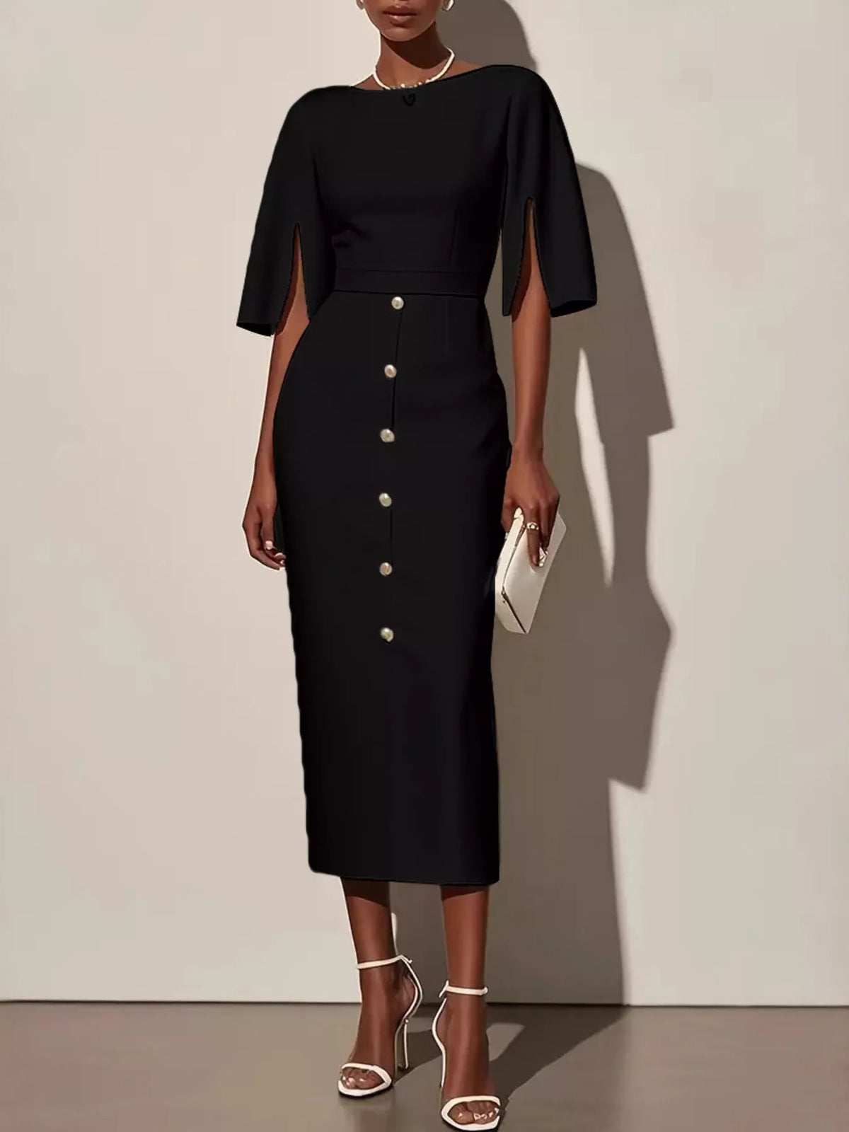 Slit-Sleeve Decorative-Button Midi Dress