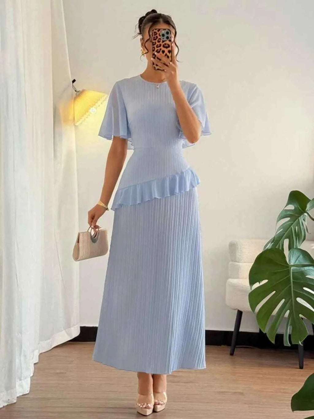 Light Blue Round-Neck Flutter-Sleeve Ruffled Dress
