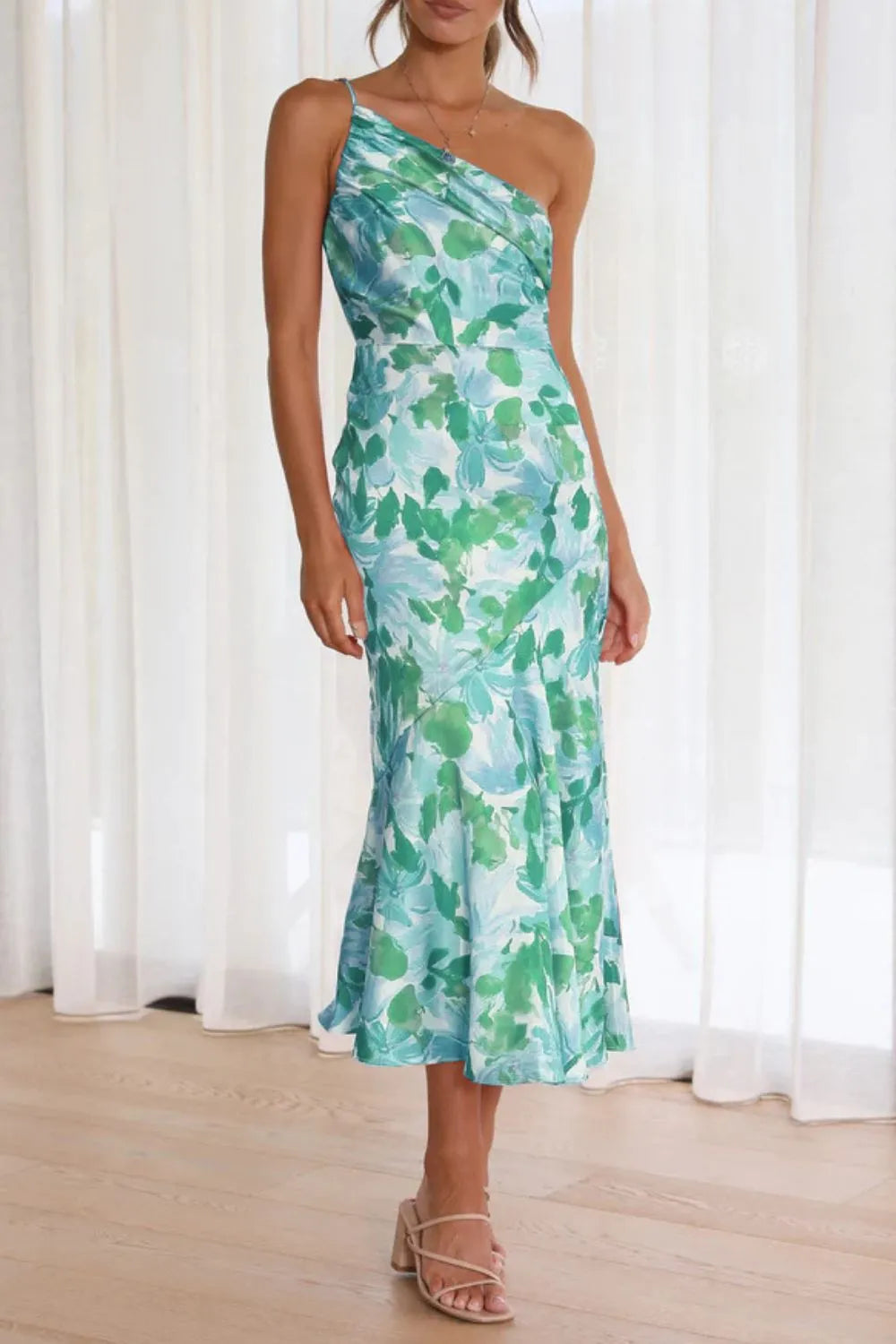 Teal Printed One-Shoulder Ruched Midi Dress