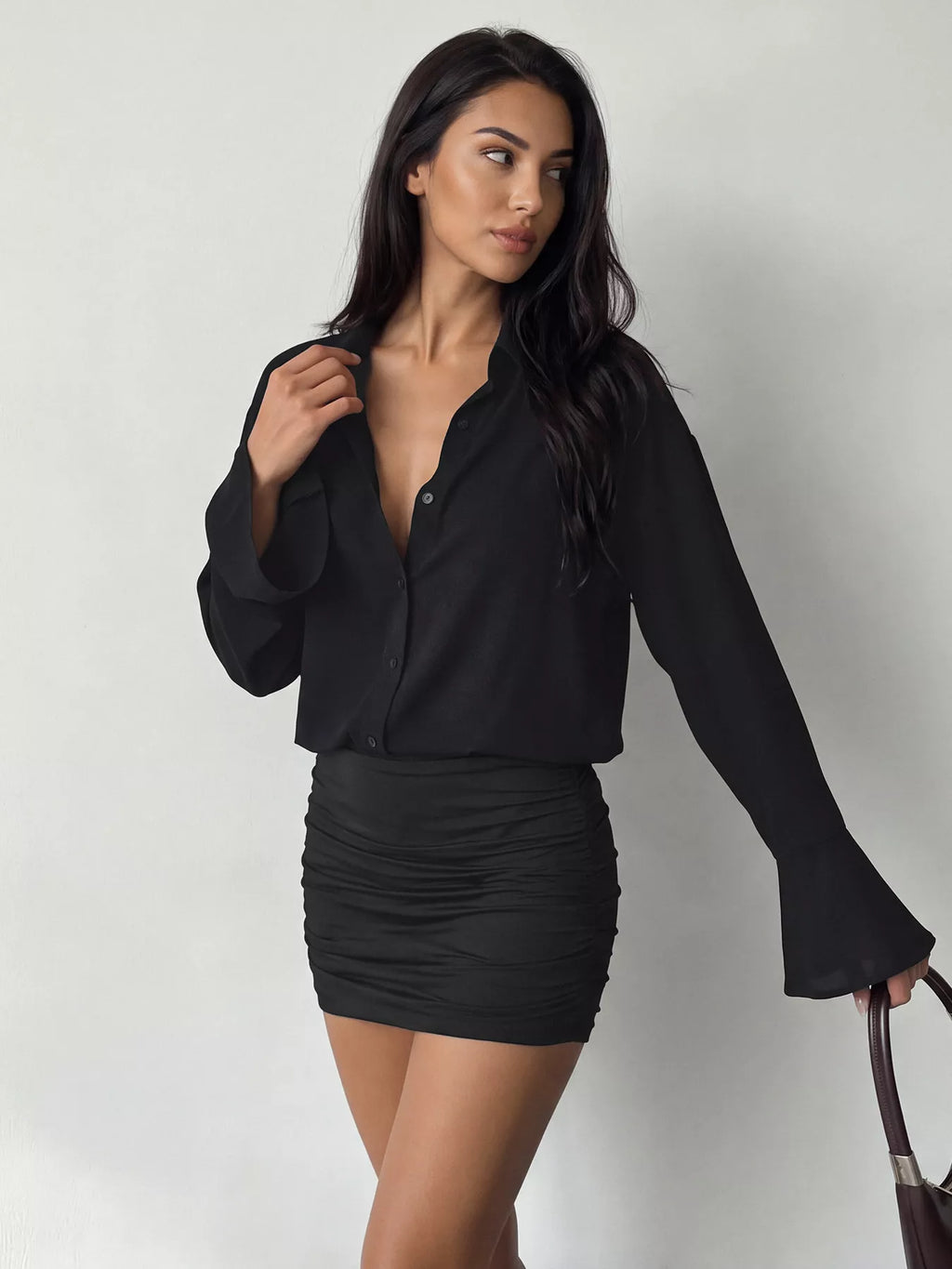 Black Button-Front Flounce-Sleeve Ruched Mini Dress