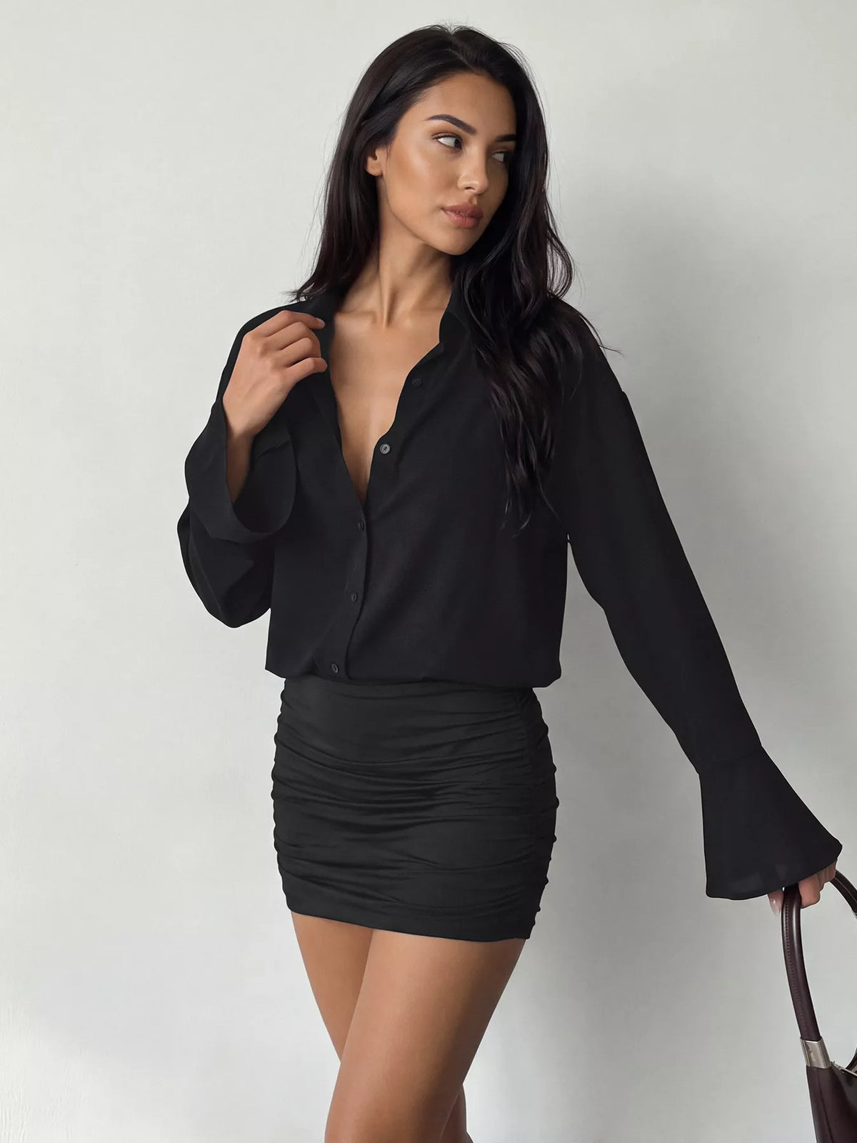 Black Button-Front Flounce-Sleeve Ruched Mini Dress