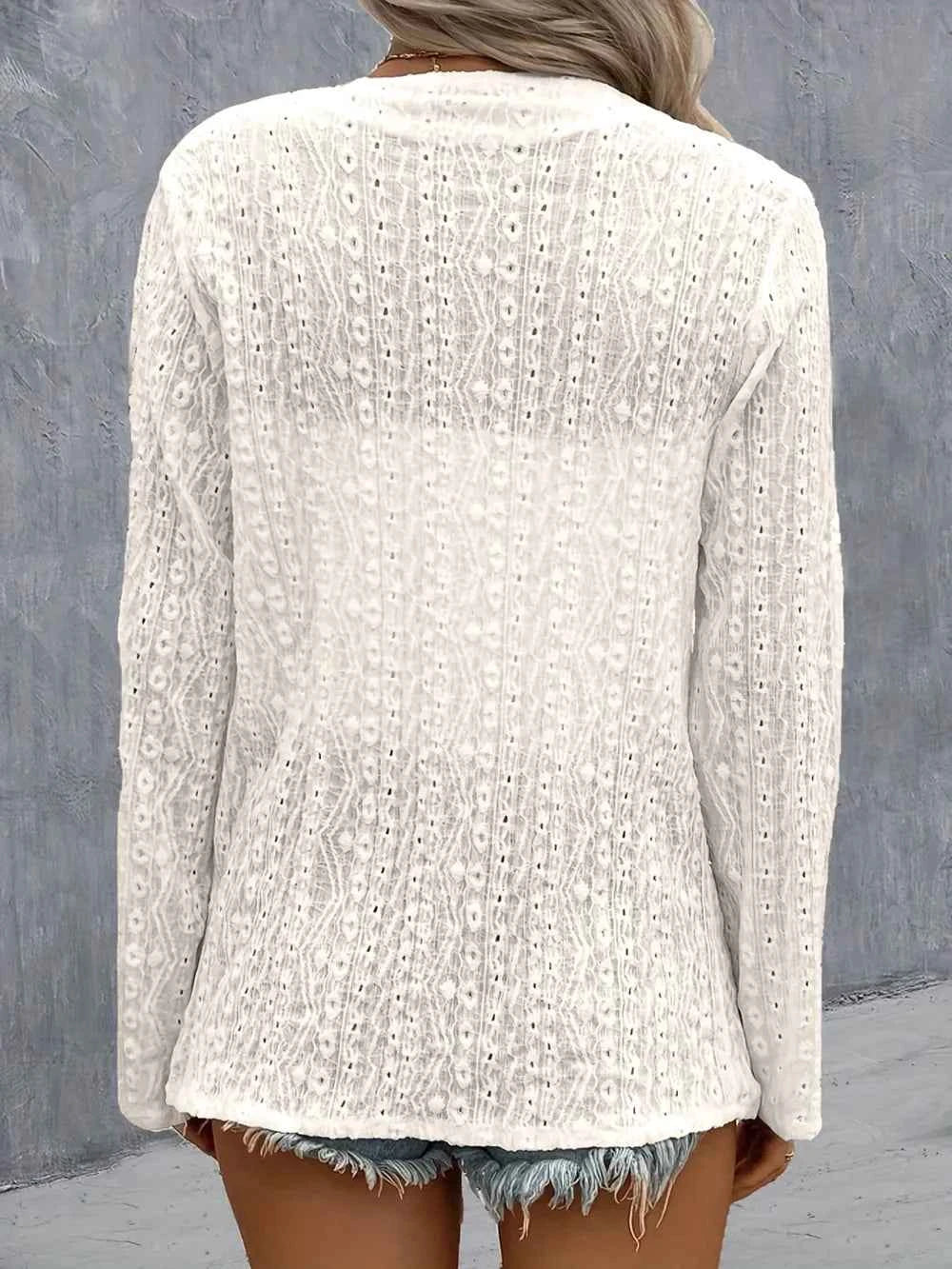 Eyelet Open-Front Roll-Tab Cardigan