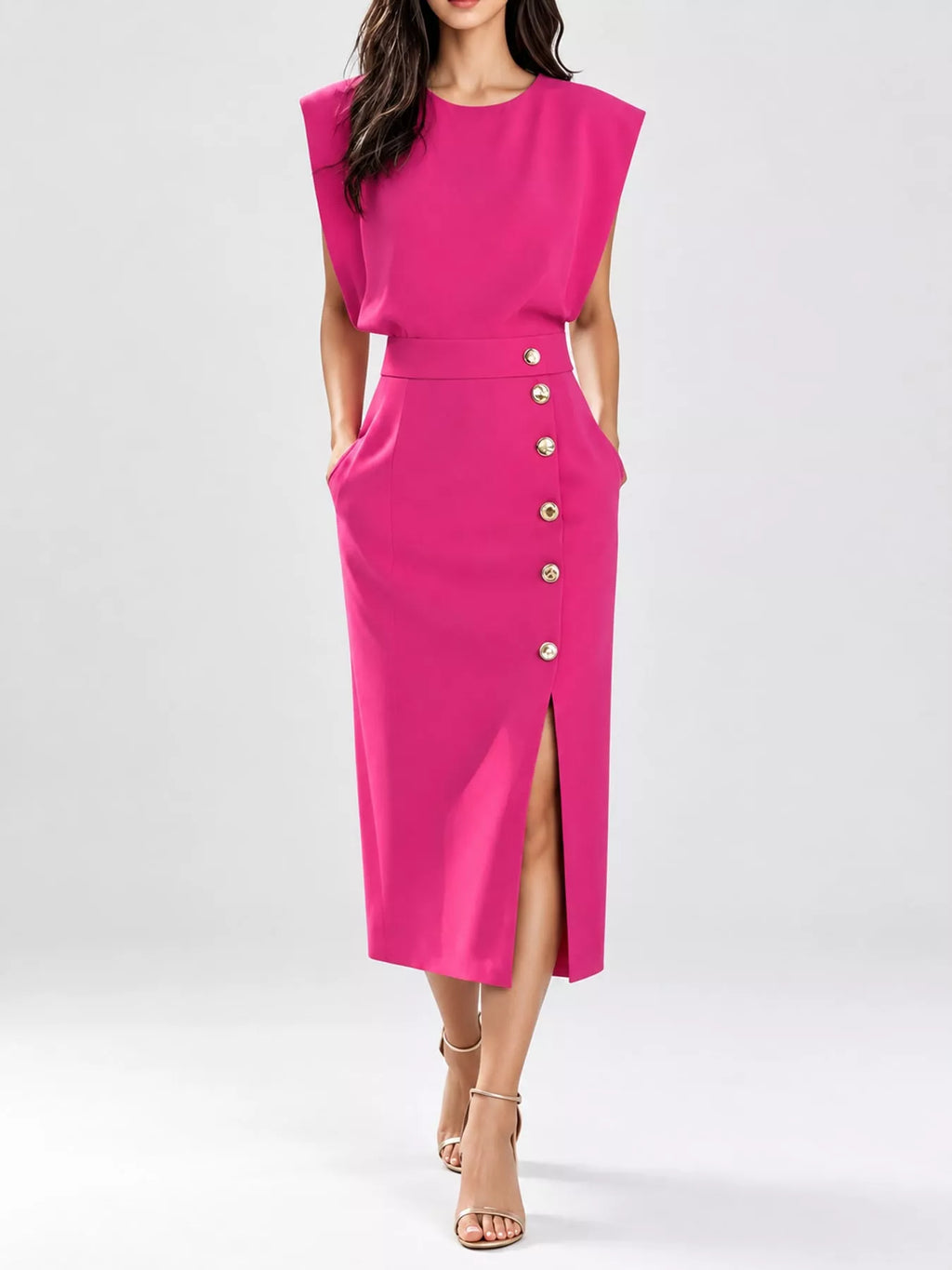 Sleeveless Gold-Tone Button-Detail Midi Dress