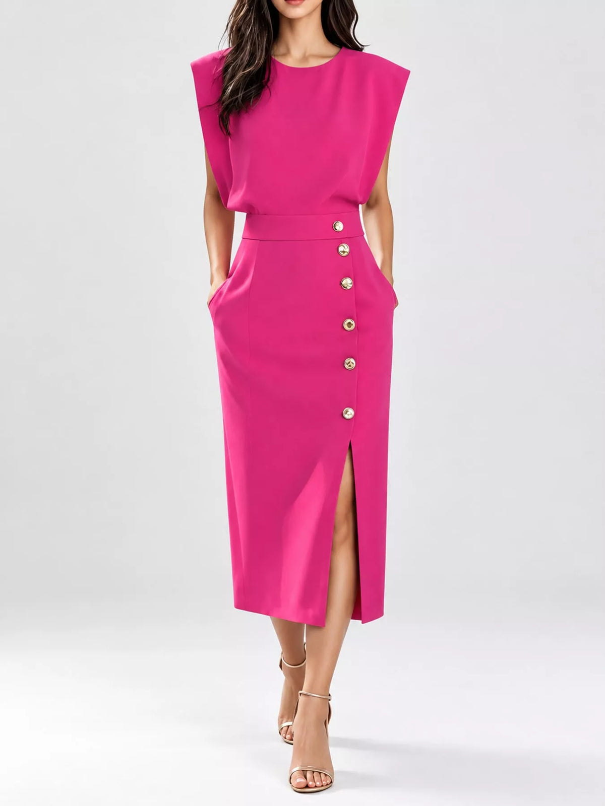 Sleeveless Gold-Tone Button-Detail Midi Dress