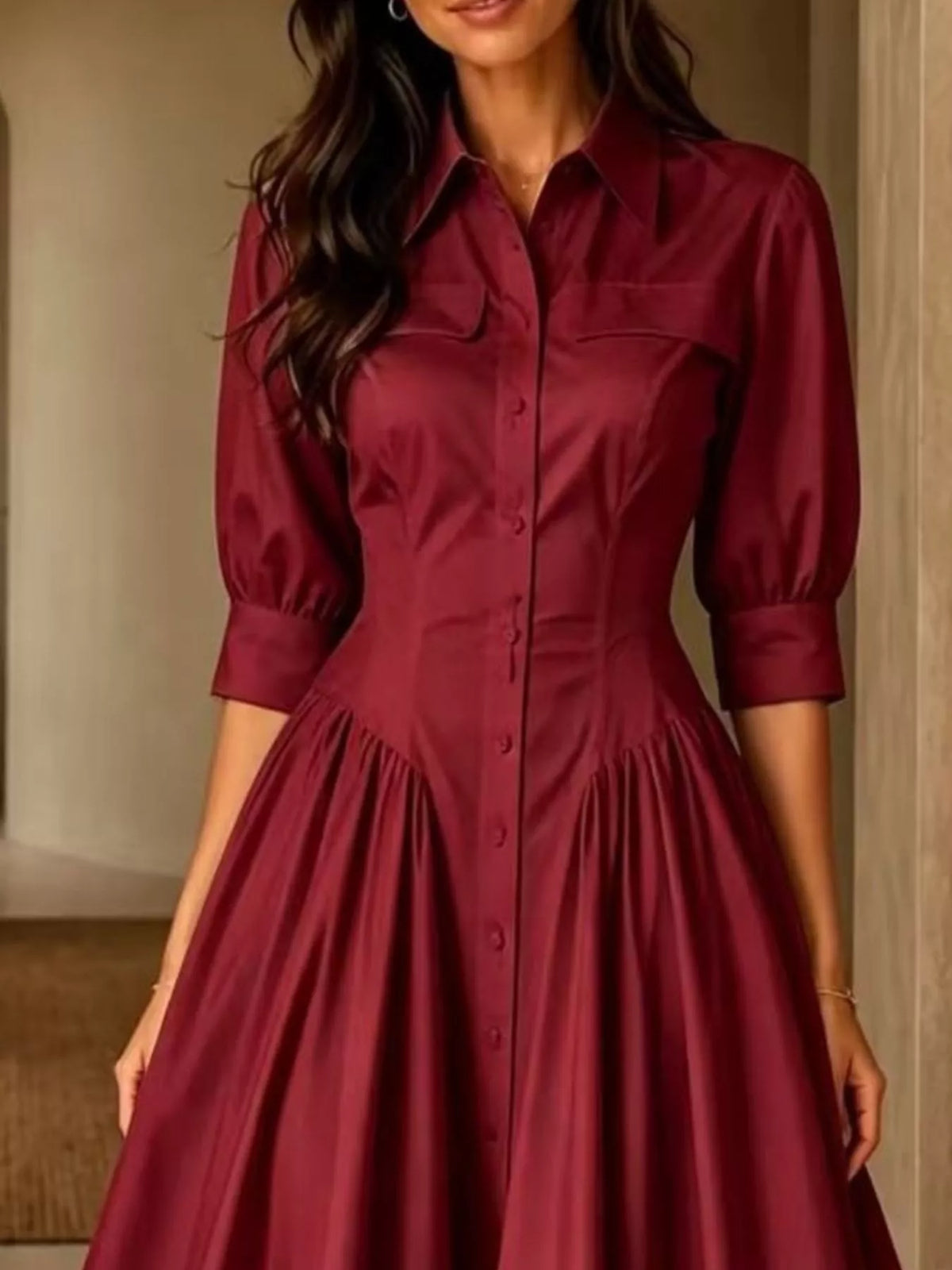 Collared Cinched-Waist Button-Front Midi Dress