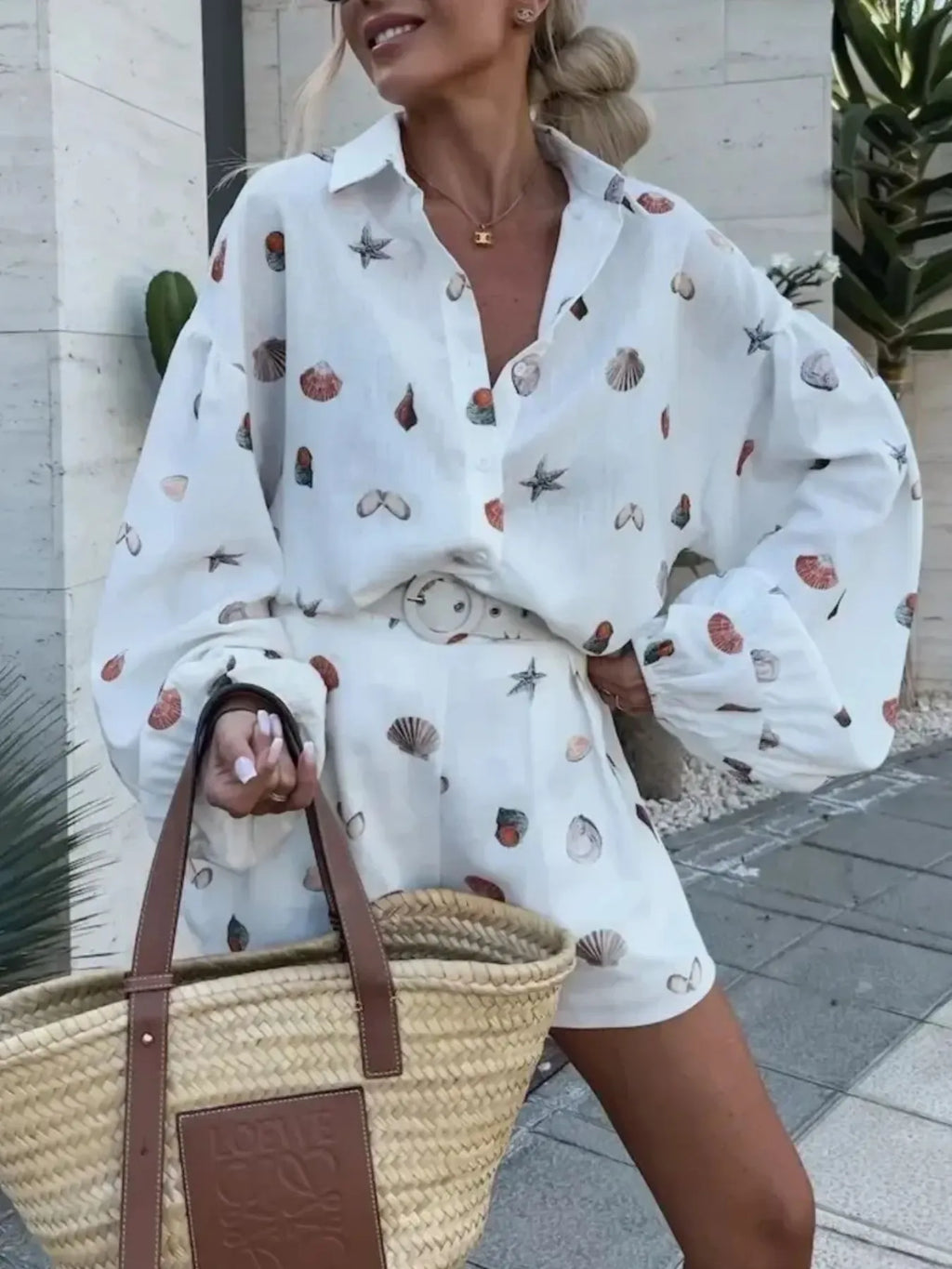 White Seashell-Print Button-Up Shirt & Shorts Set