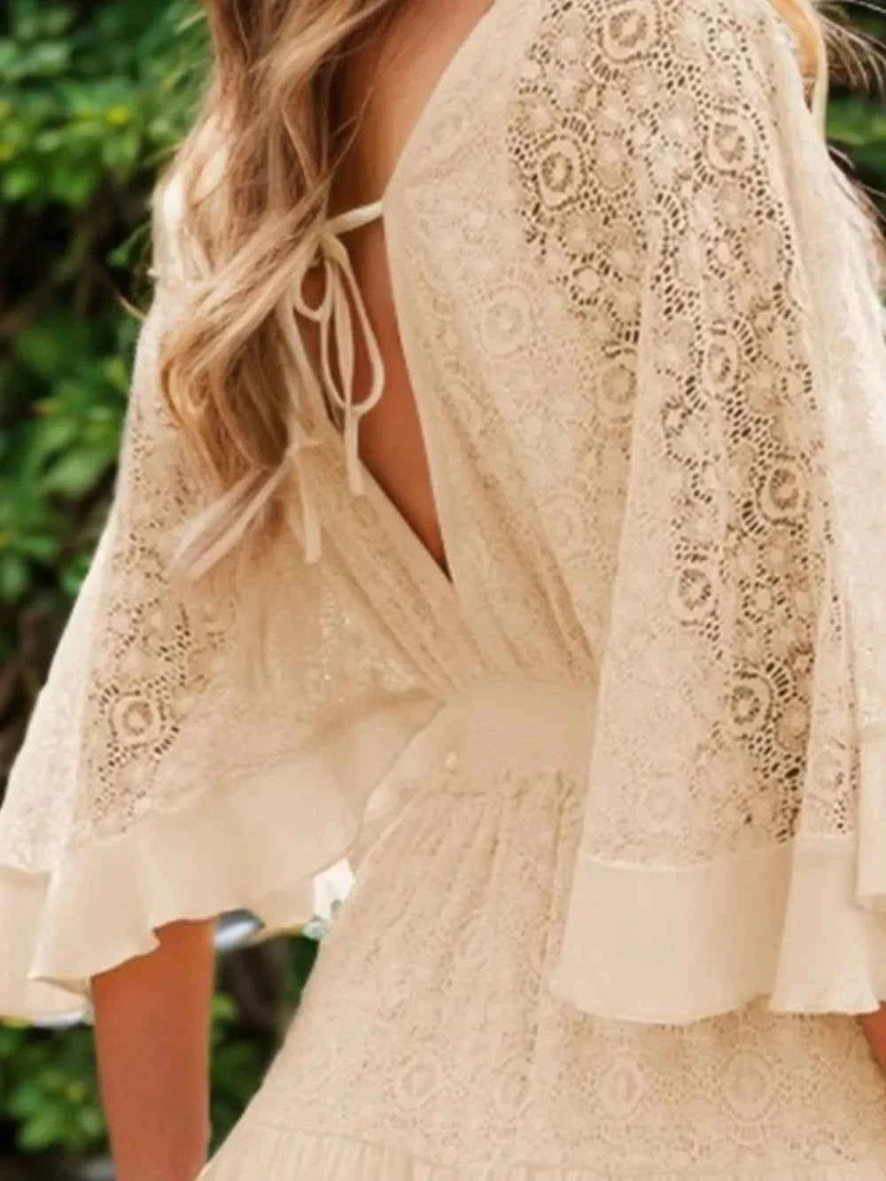 Tie-Back Lace Dress with Ruffled Hem