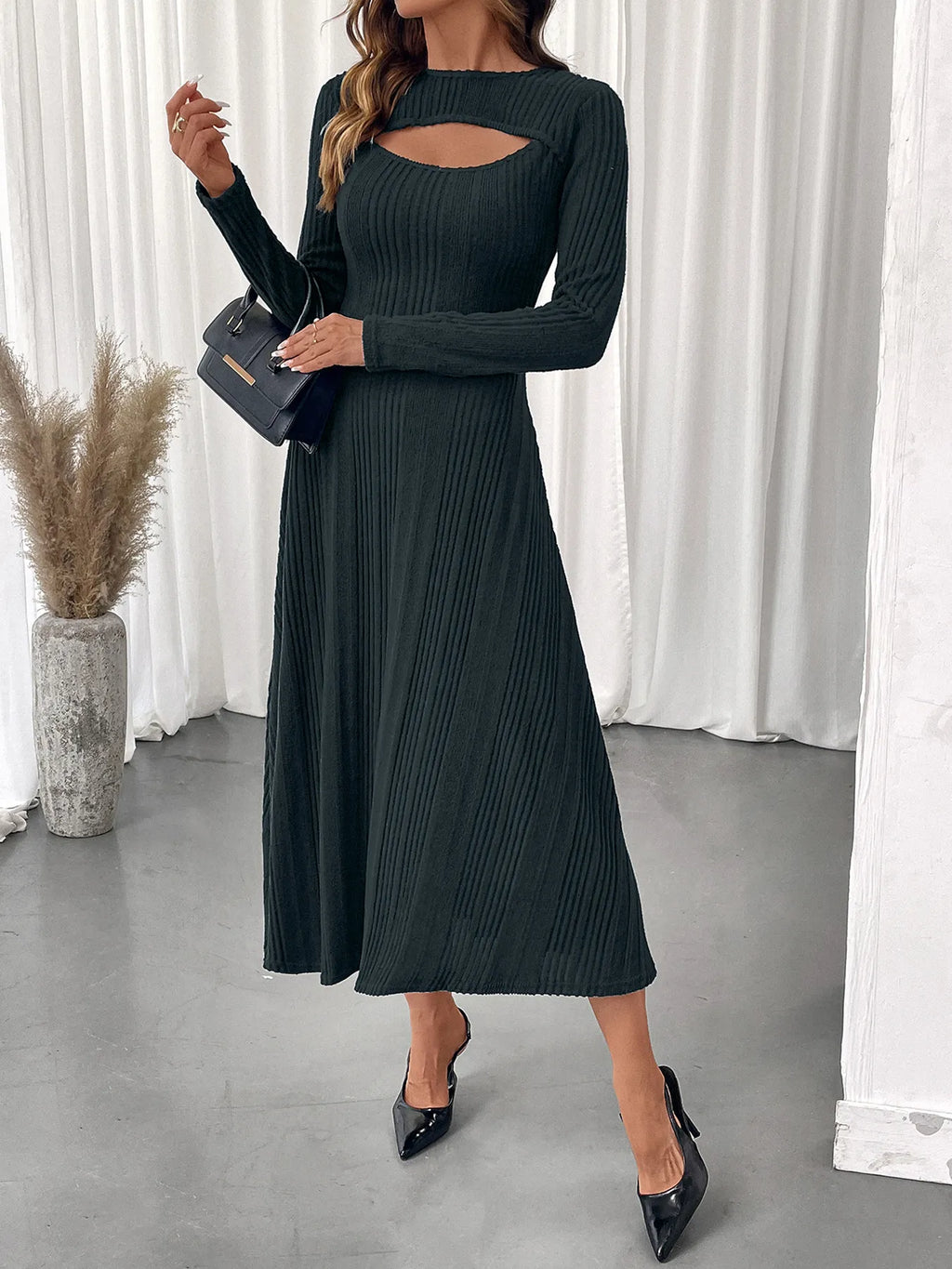 Ribbed Knit Chest-Cutout Long-Sleeve Midi Dress