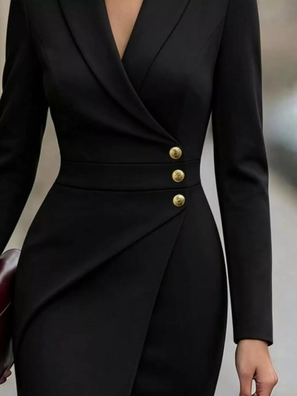 Gold-Tone Button Surplice Blazer Dress