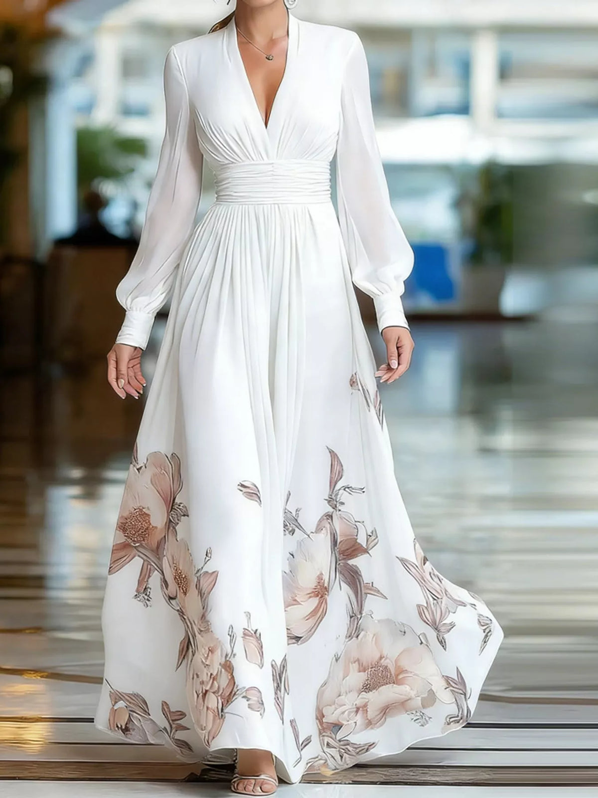 Floral V-Neck Sheer-Sleeve Ruched Maxi Dress