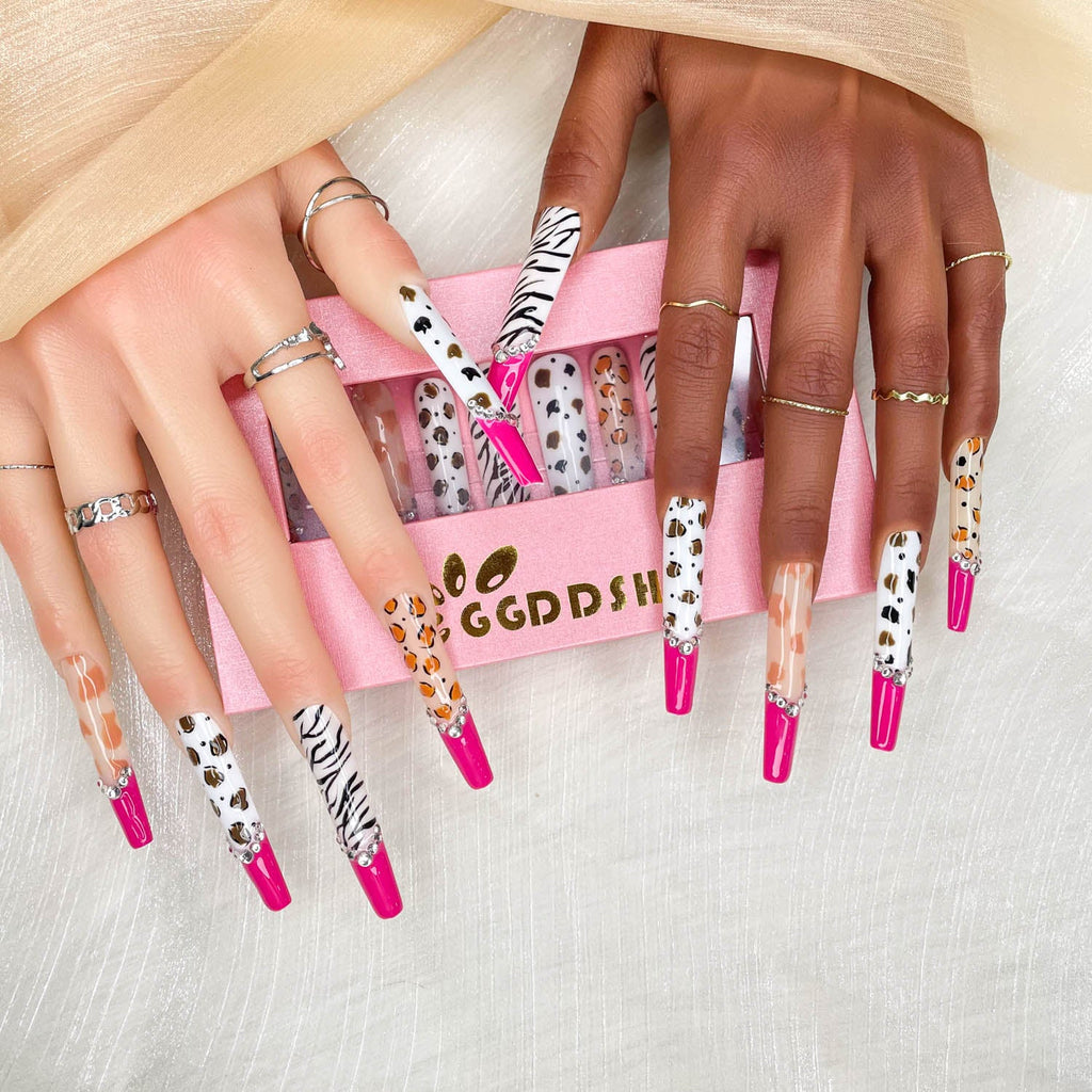 Diamond Zebra Press On Nails – Extra Long Stiletto, 3D Hand-Painted Glitter Gold UV Finish — Prime Trend Market