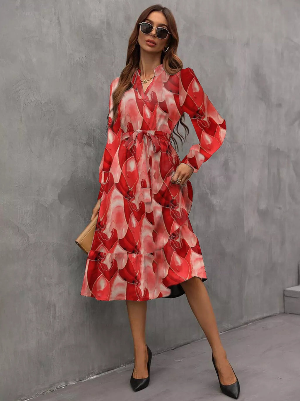 Printed Notched-Neck Tie-Waist Long-Sleeve Midi Dress