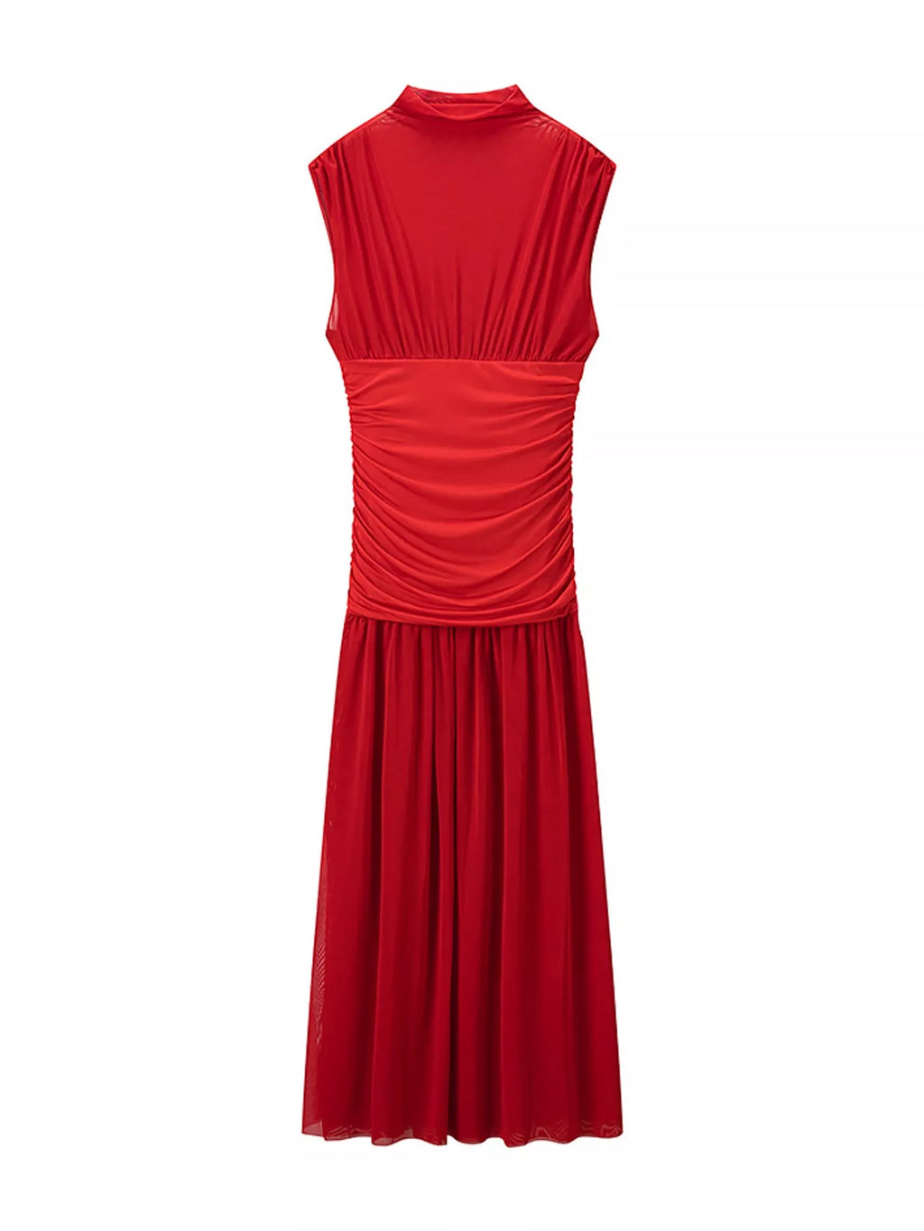 Mock-Neck Ruched Sheer Mesh Maxi Dress