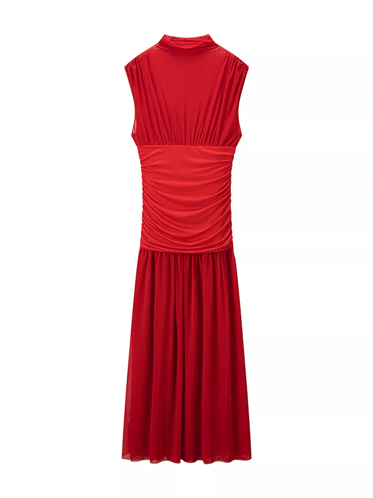 Mock-Neck Ruched Sheer Mesh Maxi Dress