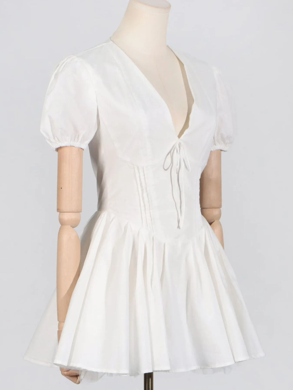 White Deep-V Puff-Sleeve Ruffle Mini Dress