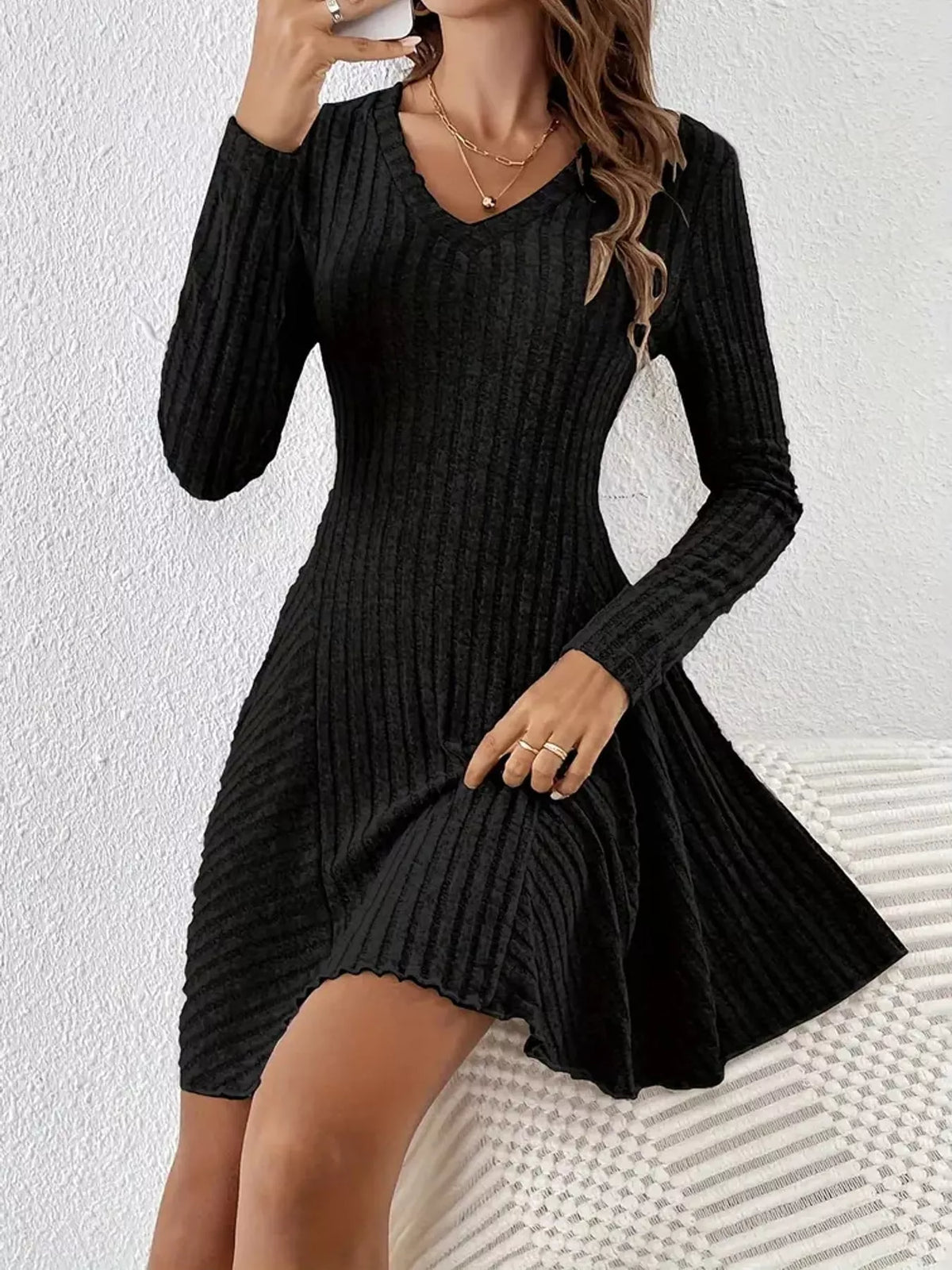 Long-Sleeve Ribbed Knit A-Line Mini Dress