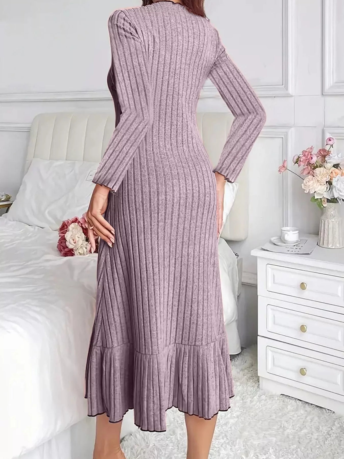 Long-Sleeve Ribbed Knit Ruffle-Hem Midi Dress, S–3XL