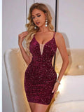 Burgundy Lace-Up Sequin Plunge Dress