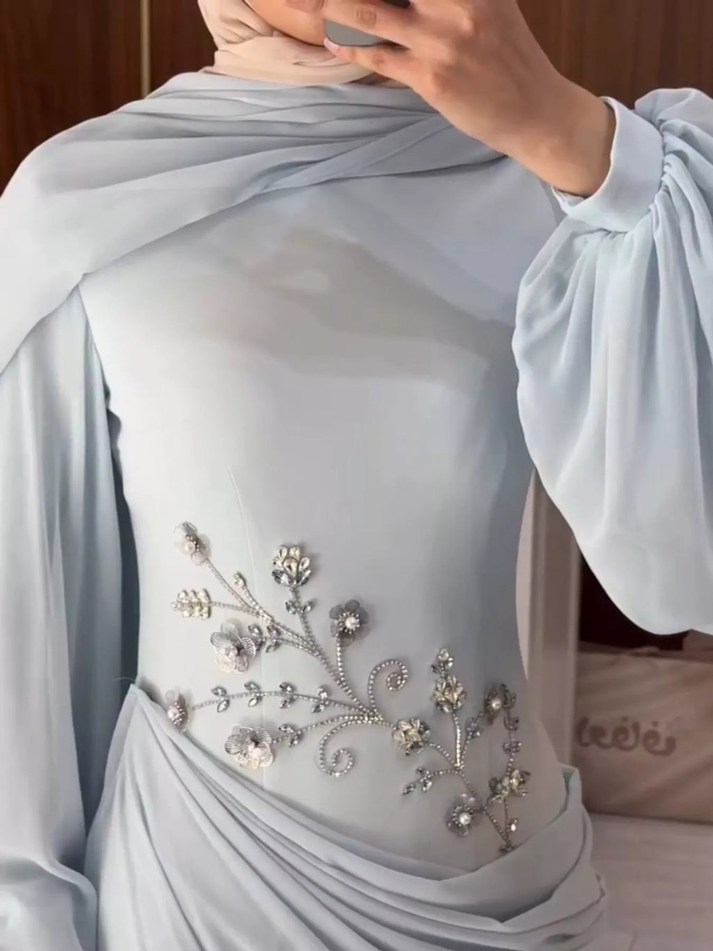 Floral-Embellished Long-Sleeve Ruched Evening Maxi Dress | S–3XL