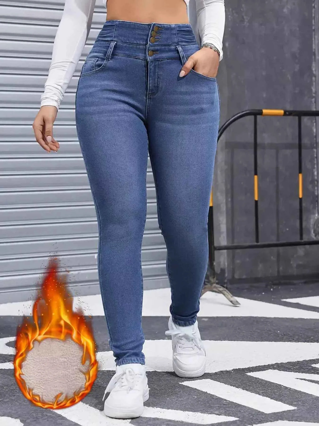 High-Waisted Blue Slim-Fit Jeans with Pockets
