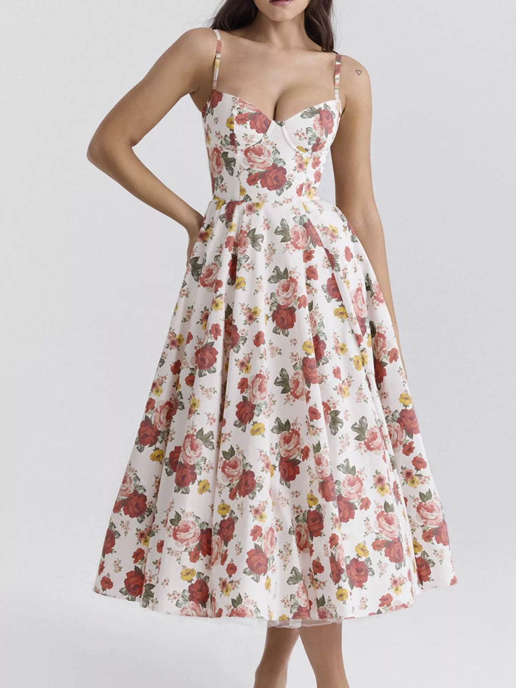 Sweetheart-Neck Pocketed A-Line Midi Dress