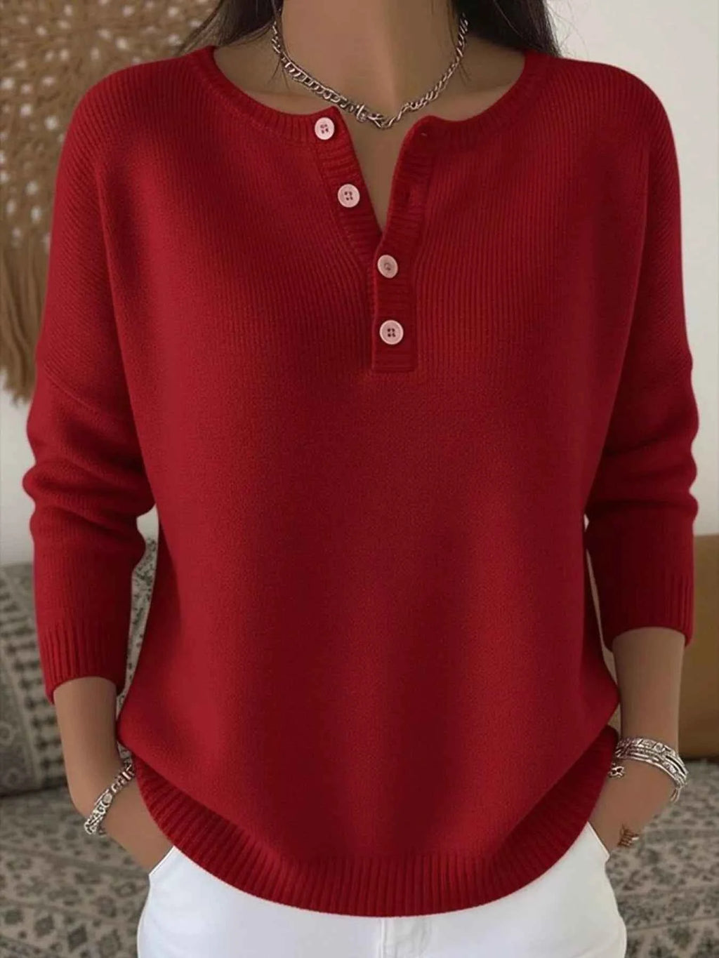 Half-Button Long-Sleeve Knit Top