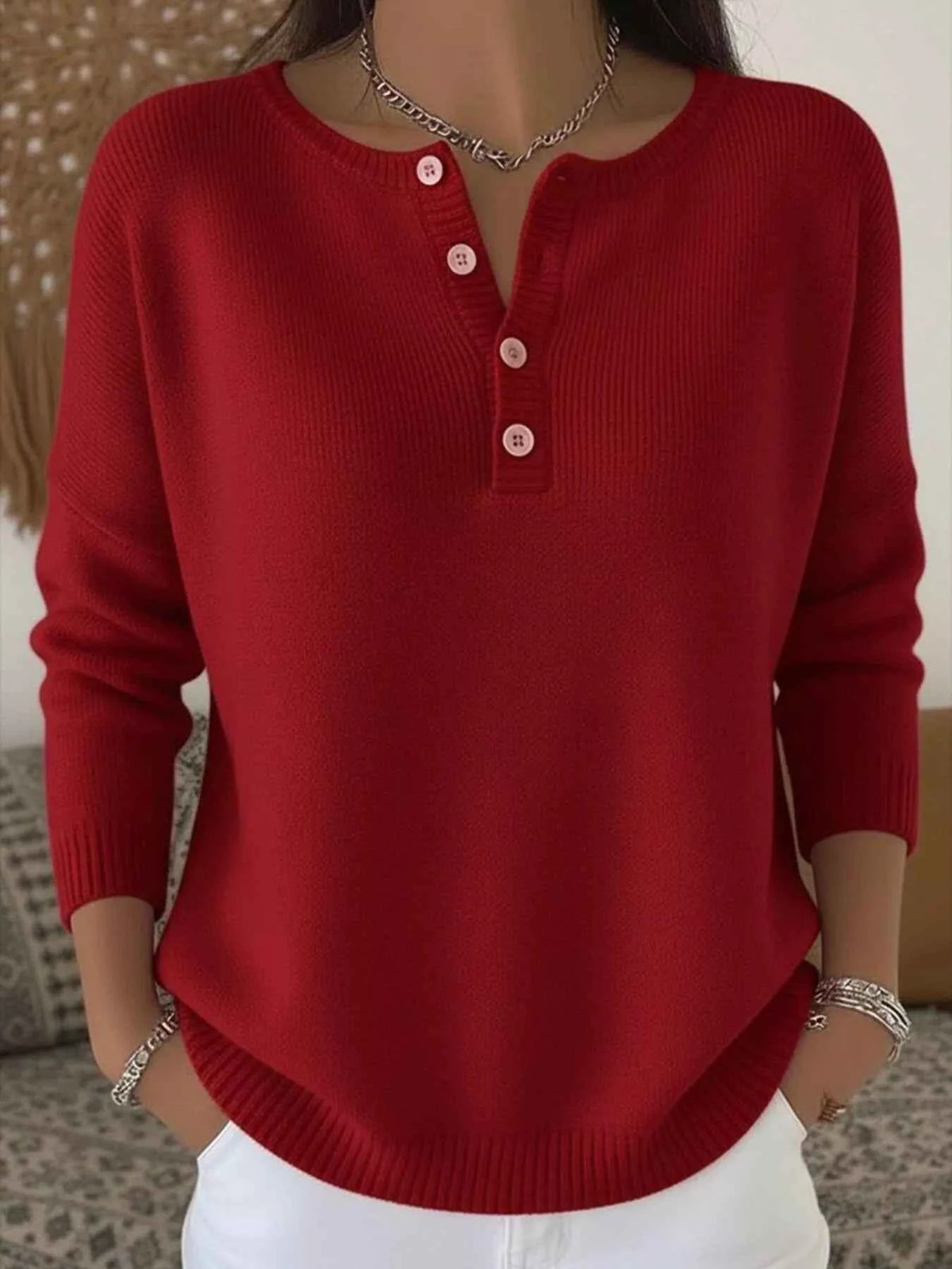 Half-Button Long-Sleeve Knit Top