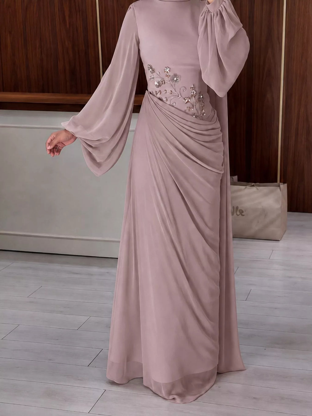 Floral-Embellished Long-Sleeve Ruched Evening Maxi Dress | S–3XL