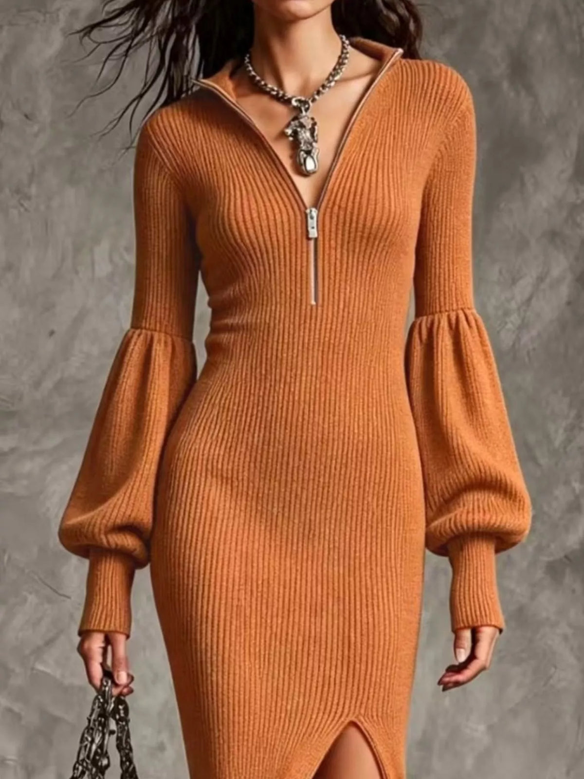 Ribbed Quarter-Zip Lantern-Sleeve Slit Sweater Midi Dress