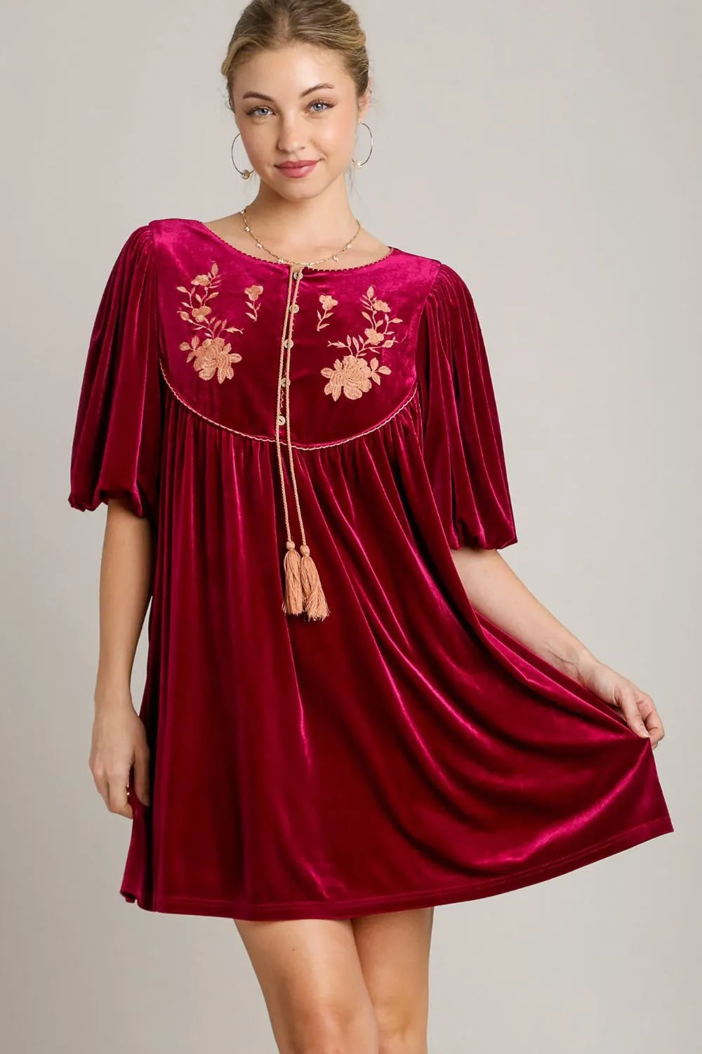 Umgee Burgundy Embroidered Velvet Mini Dress with Tassels