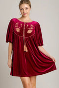 Umgee Burgundy Embroidered Velvet Mini Dress with Tassels