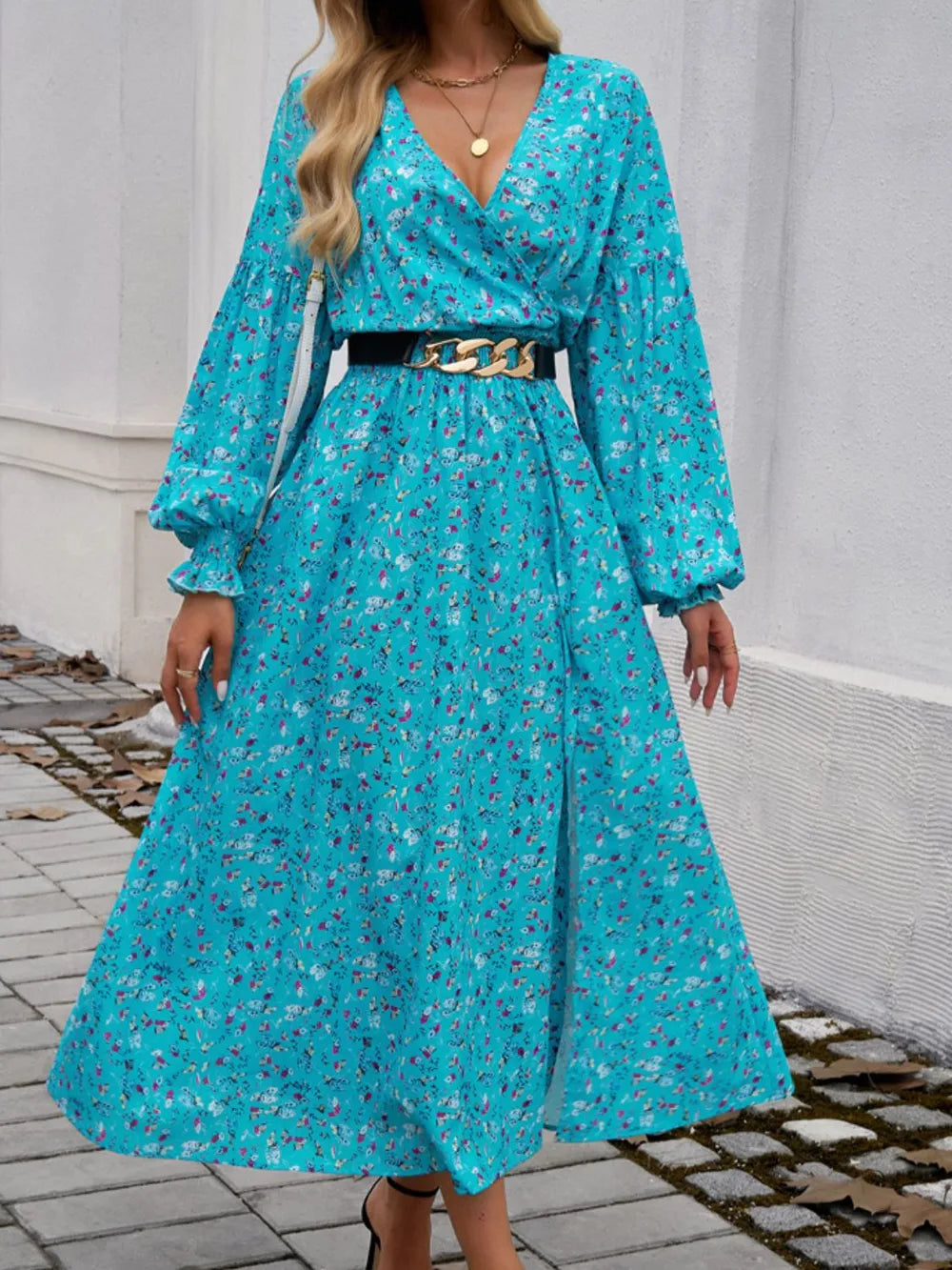 Devine Scarlet Floral Surplice Long-Sleeve Slit Dress
