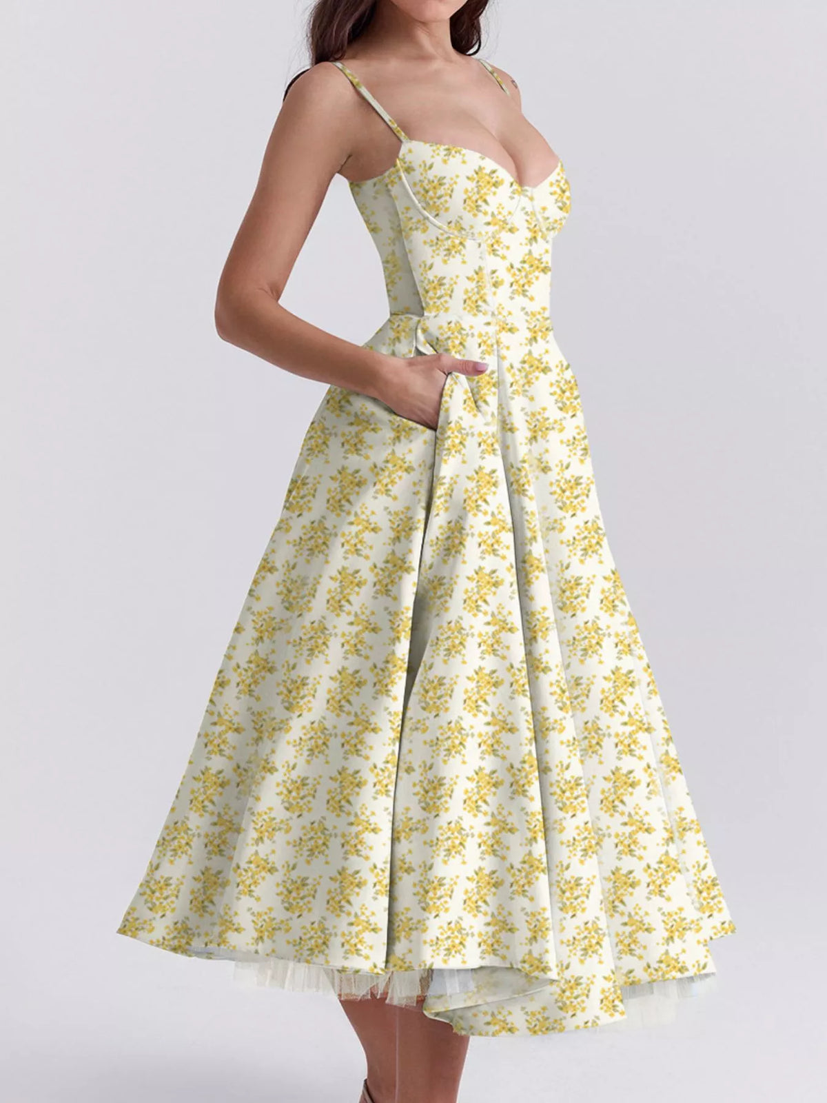 Sweetheart-Neck Pocketed A-Line Midi Dress