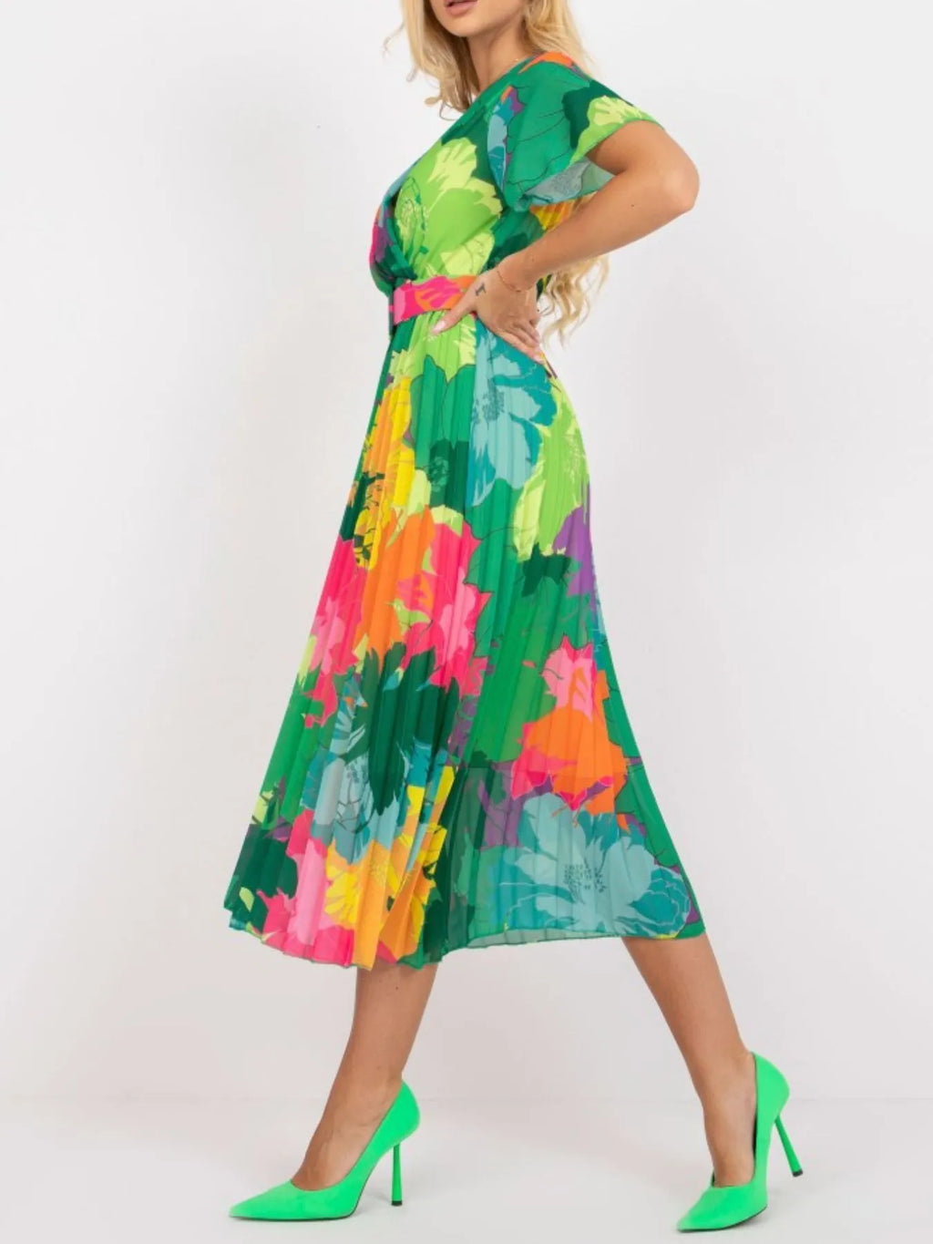 Printed Belted Pleated Wrap-Look Midi Dress